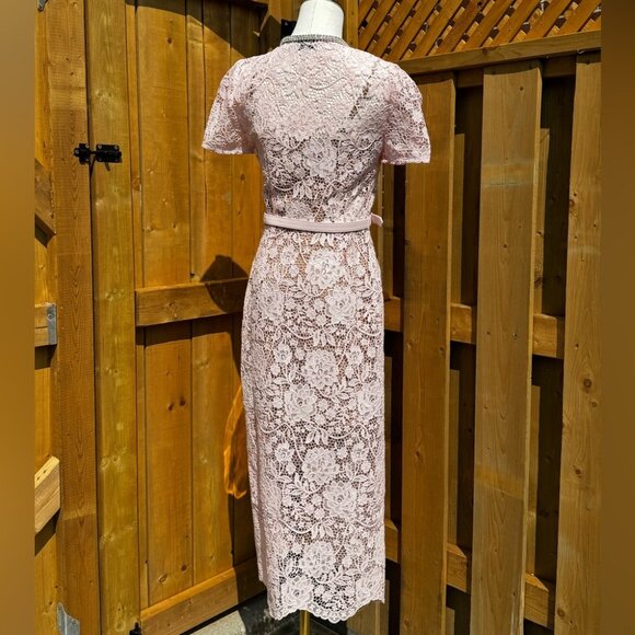 🆕 SELF-PORTRAIT 🧿 BNWOT Pink Lace Diamante Bow Midi Dress, Sz US 4 / UK 8 - Picture 9 of 16